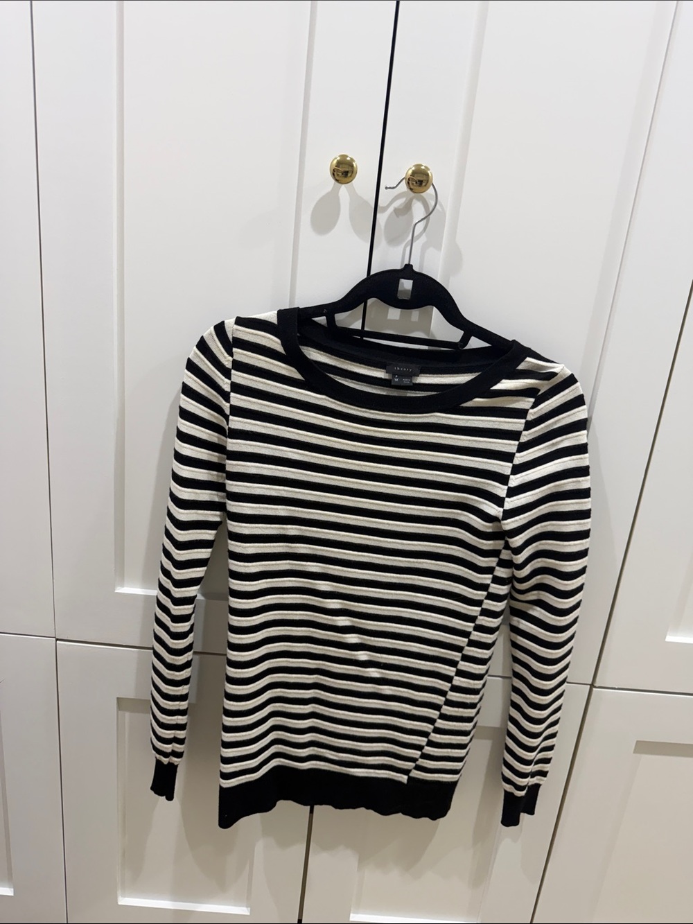 Theory Black and White Striped Long-Sleeve Knit Top